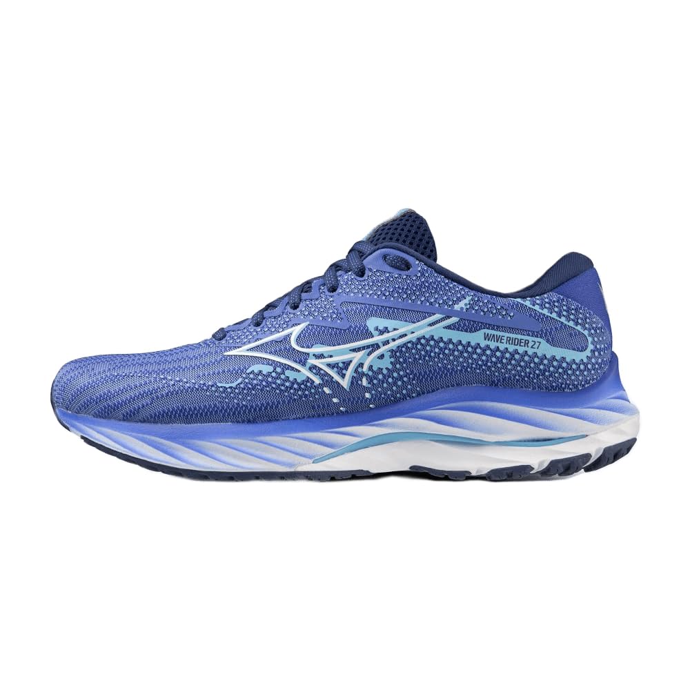 

Mizuno Кроссовки для бега Wave Rider 27, толстые, ширина 2E, для бега трусцой, марафона, тренировок, спорта, легкие, упругие, подошва, женские, сине-белые, 24.0 см,