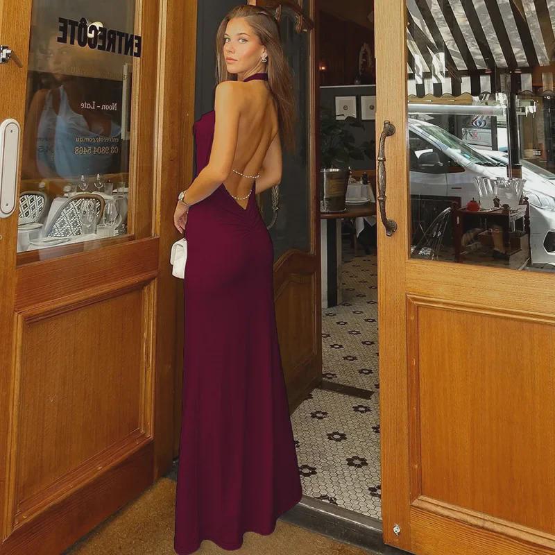 2025 Spring Women's Backless Halter Dress - Solid Color, Slim Fit