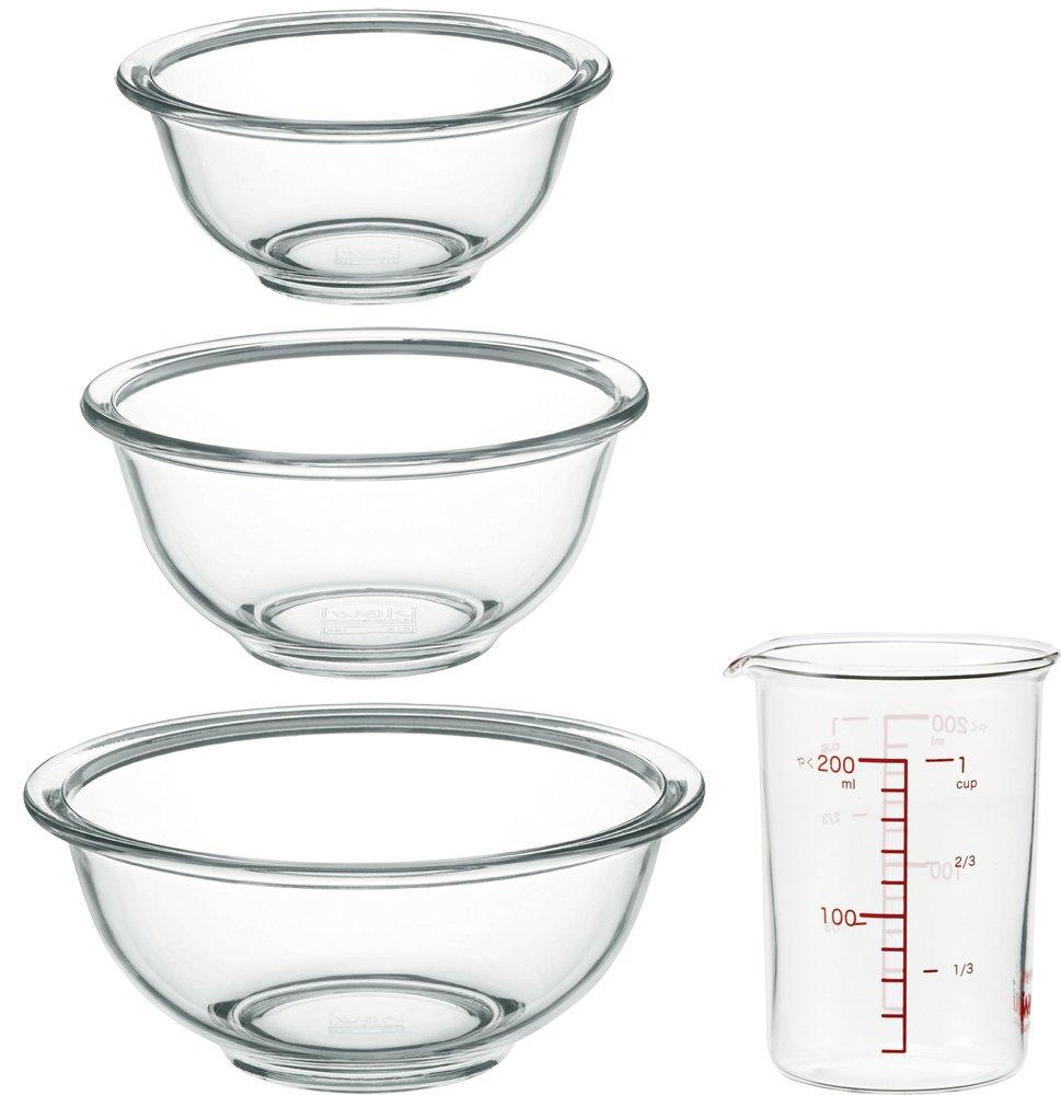 iwaki AGC Techno Glass Glass Bowl 3 with Measuring Wide Mouth Design for Easy Low Center of Gravity for (Iwaki) Heat-Resistant Set, Round, Pieces,
