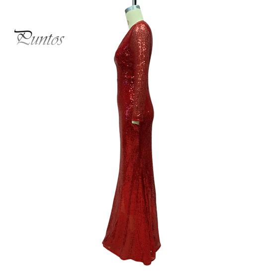 Women Evening Dress Sequin Deep V Neck Long Sleeves Slim Fit Fishtail Hem Sequin Floor Length Sheath Back Zipper Closure Maxi Dress