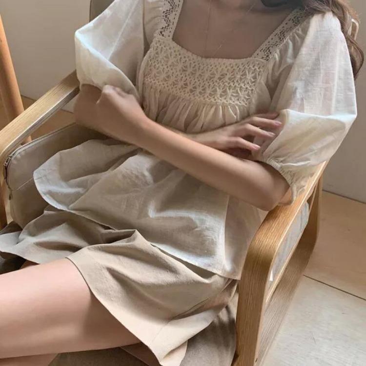 Women's Square Neck Shirt Summer Loose Bubble Sleeve Short Sleeved Top Shirt