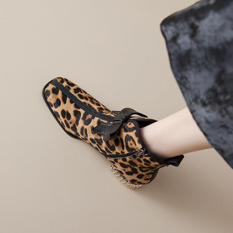 Fashion NEW Autumn/Winter Women Boots Square Toe Chunky Heel Shoes Horsehair Shoes Women Zip Ankle Boots Bow-knot Leopard Modern Boots