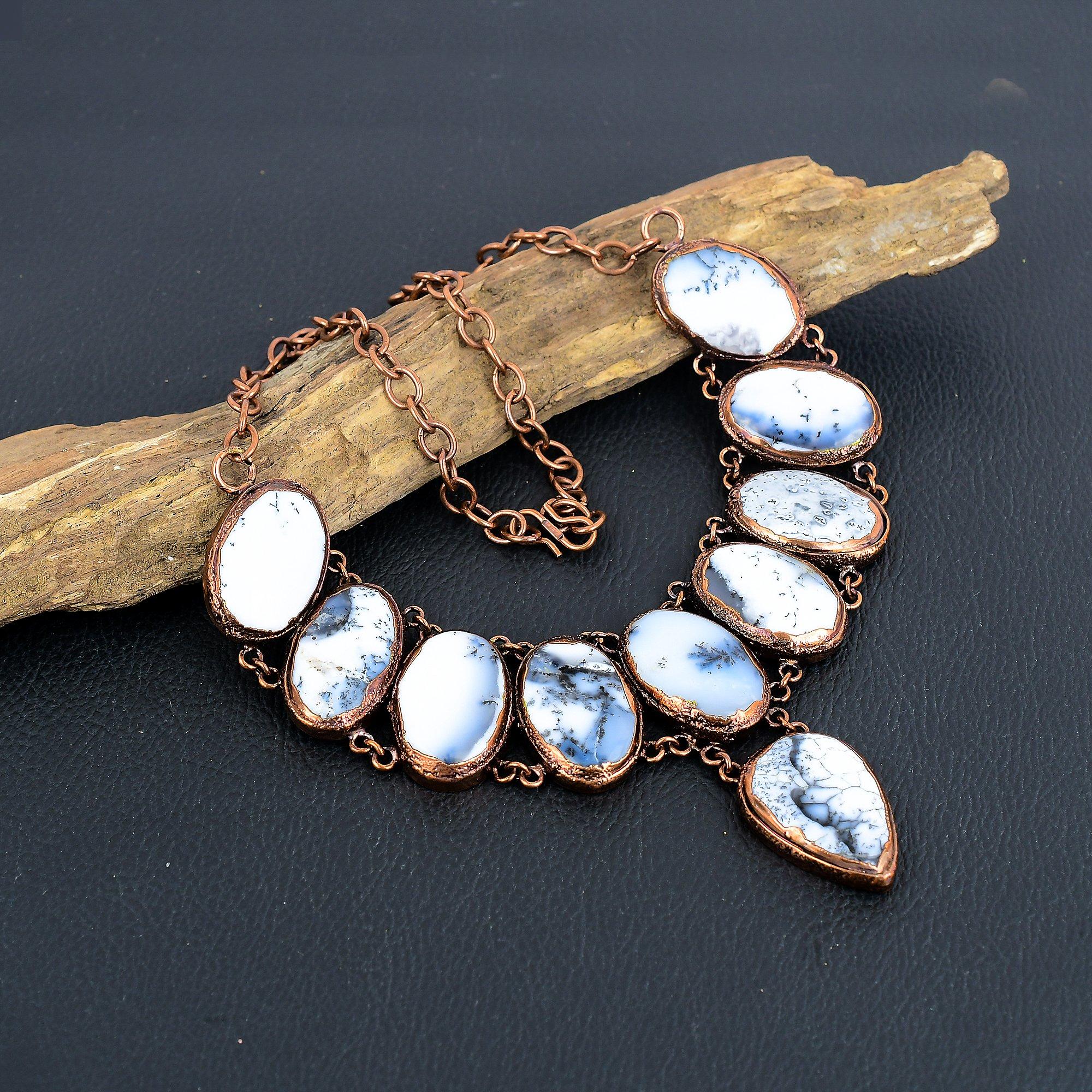 

Dendrite Opal Copper Electroformed Necklace with Adjustable Chain, Handmade Gemstone Jewelry Necklace For Memorial Day 2.55 Inches
