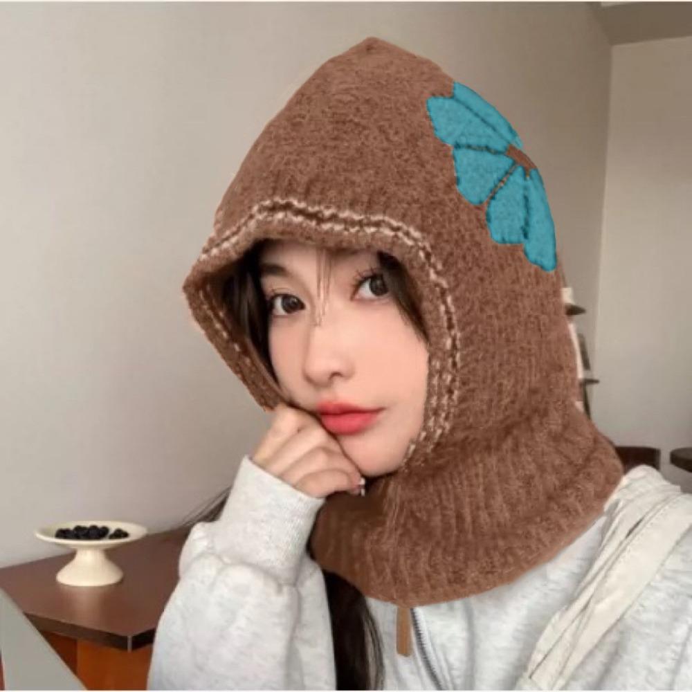 Neck Guard Flower Balaclava Hat Wool Knitted Pullover Hat Casual Ear Protection Hat  Winter/Autumn