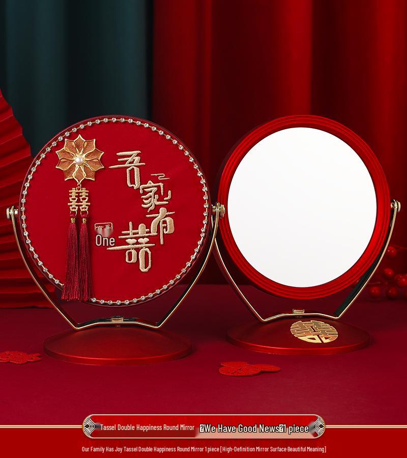 Double Happiness Red Wood Bride Gift Set: Mirror & Comb Collection