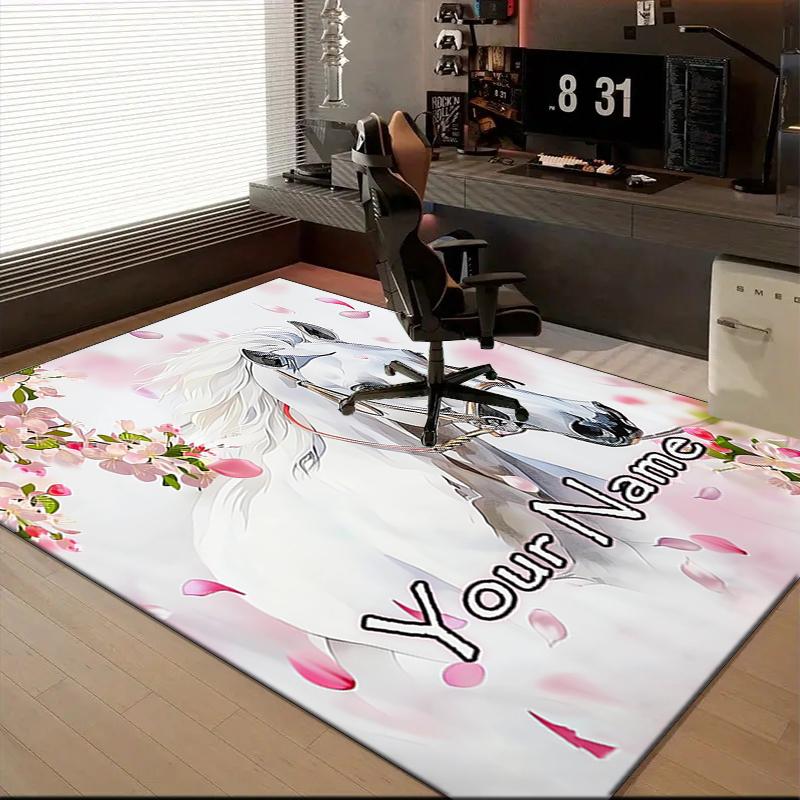 1PC Custom Name Elegant Horse Blossoms Theme Floor Mat Ideal for Living Room, Game Rooms, Office, Bedroom Floor Mat Playful Design
