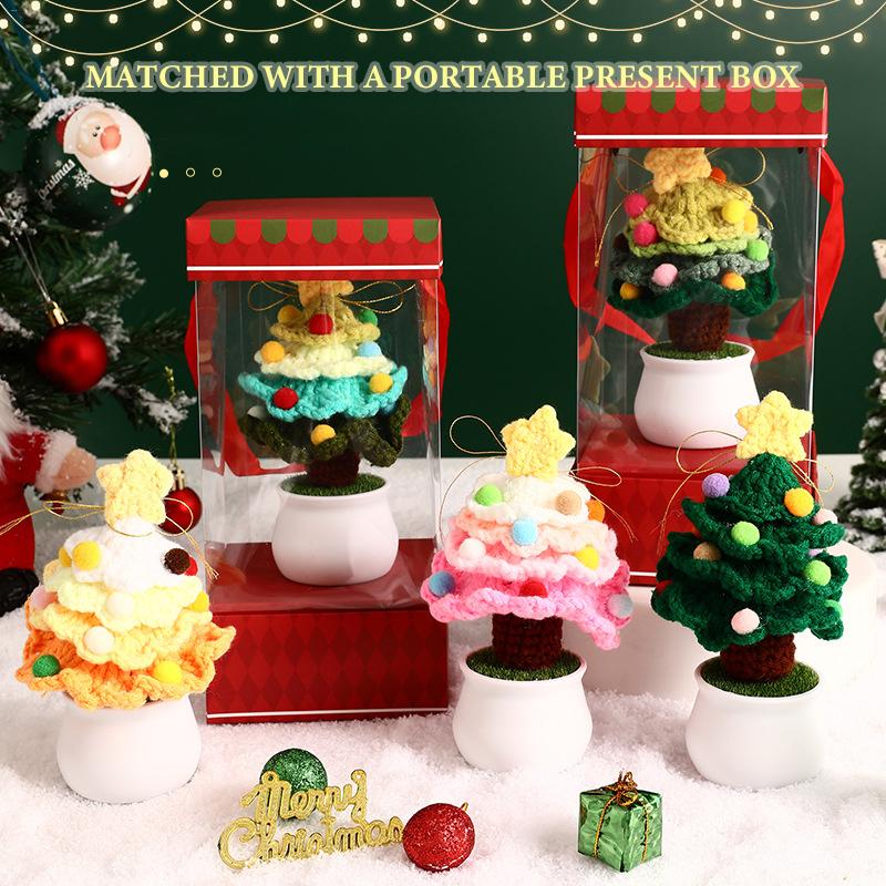 Knitted Christmas Tree  Portable Crochet Flowers Creative Knitted Ornament Handmade Artificial Flowers Crochet Christmas Decor