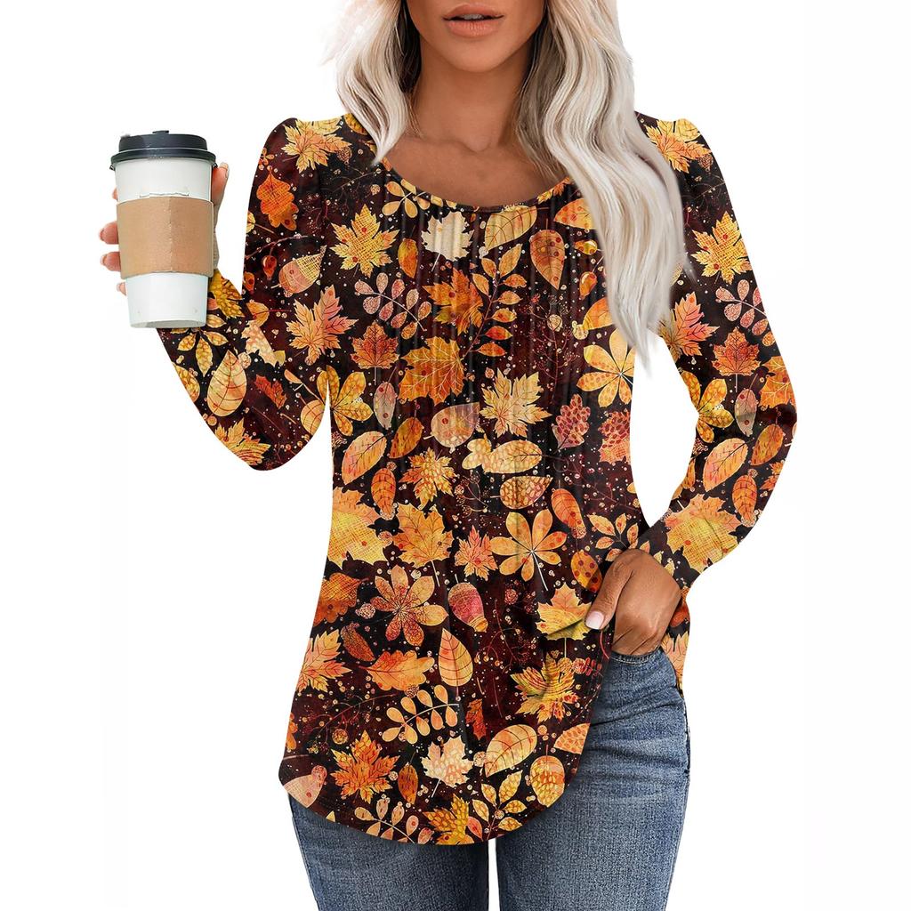 Skjorter med lange armer for kvinner Søt trykk grafisk t-skjorte Bluser Dressy Uformelle bluser Plisserte tunikatopper med rund hals