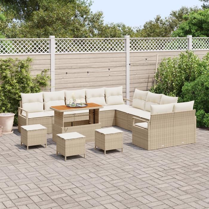 Set de canapé de jardin 14 pièces avec coussins Beige Rotin poly Acacia, Canapé de jardin 2 places avec rangement 3364541