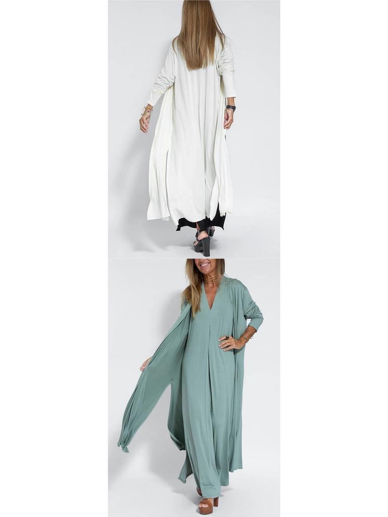 Europäisches und Amerikanisches Einfarbiges V-Ausschnitt Pulloverkleid und Strickjacken-Set für Damen