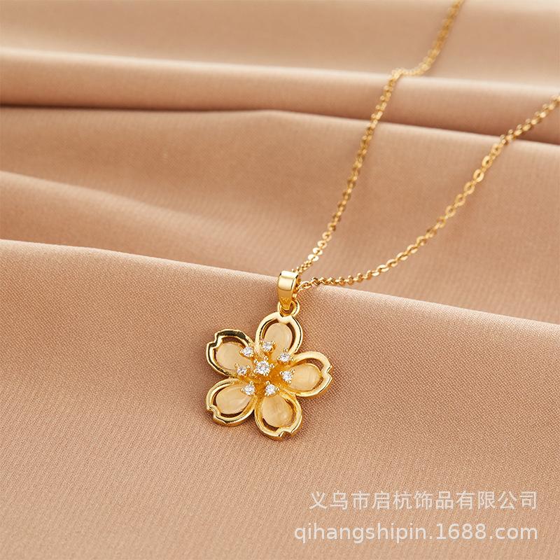 23 Opal Five-Petal Flower Necklace Women'S Fresh And Natural Versatile Exquisite Pendant Collarbone Chain Accessories
