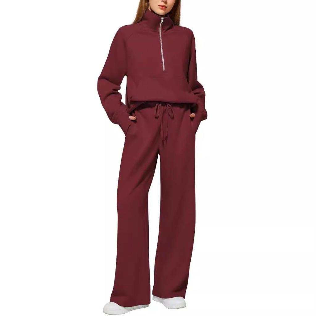 2025Women Coat Pants Set Stand Collar Long Sleeve Zip-up Elastic Cuff Jacket Drawstring Stretchy High Waist Wide Leg Trousers Sport Tracksuit