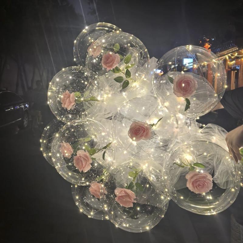 10 Sets Pink Rose Flower Glowing Bubble Balls Rose Bouquet Balloons and Sticks Suitable for Weddings Birthday Parties Prop Decor