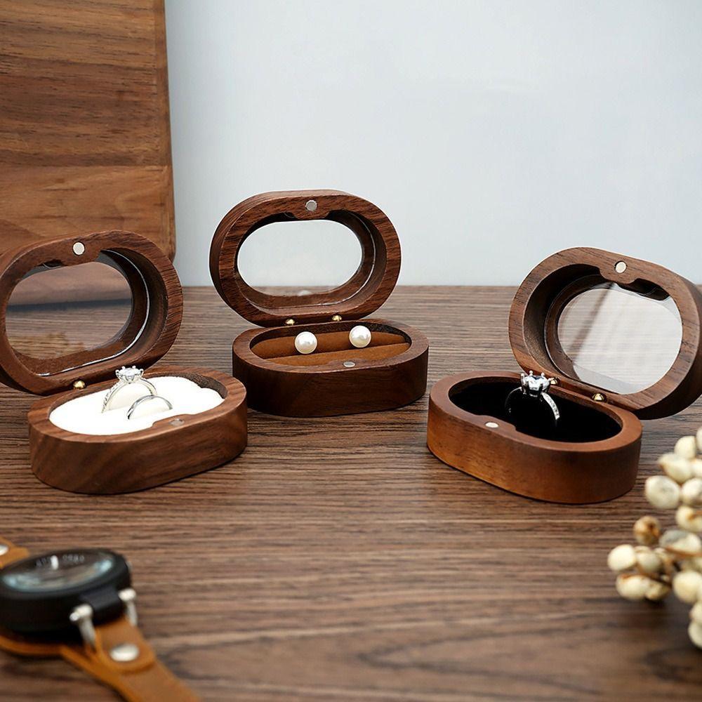 Retro Oval Wooden Jewelry Box Lover Ring Display Box Engagement Wedding Couples Ring Storage Holder Love Gift