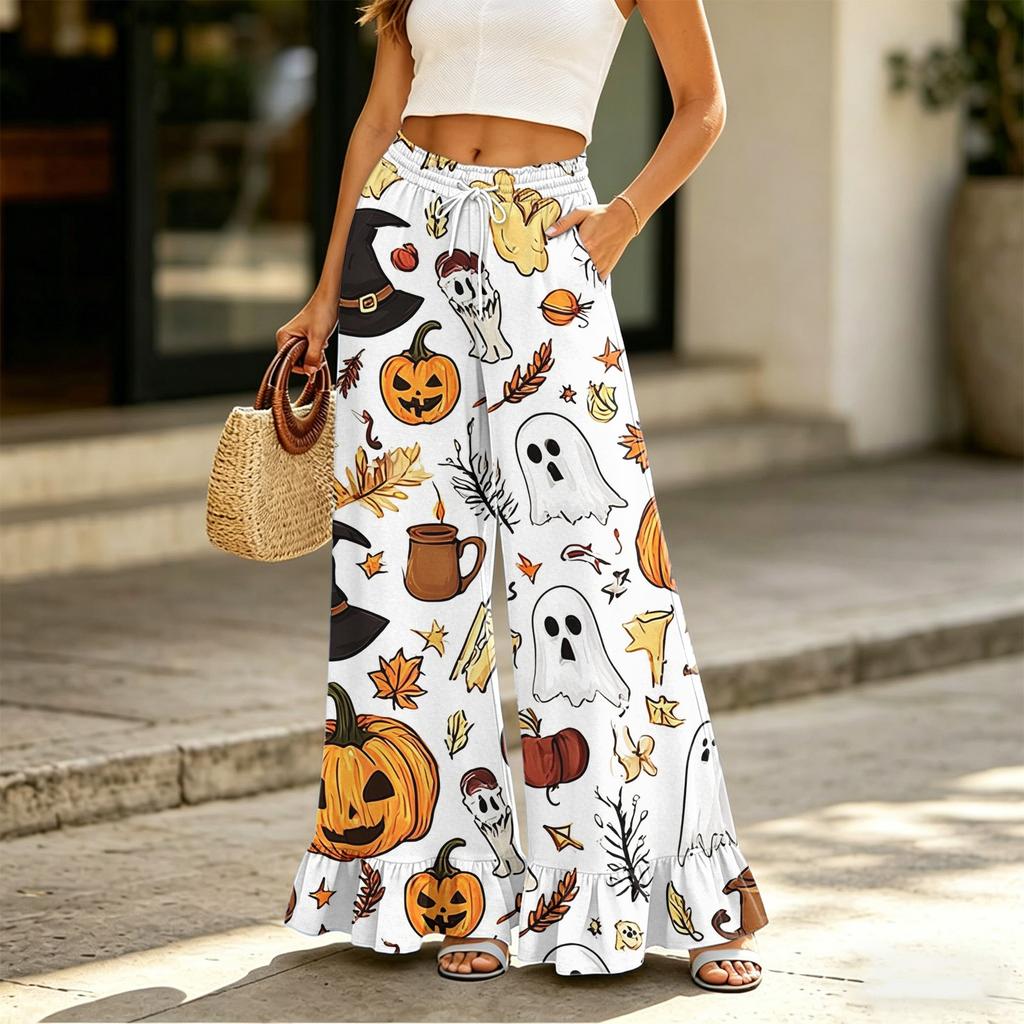 Women's Wide Leg Pants with Pockets High Waist Drawstring Floral Print Loose Casual Long Trousers Ruffled Hem