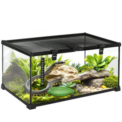 Raised Reptile Terrarium with Lock and Thermometer, Glass and Wire Mesh, 50x30x25 Cm, Black