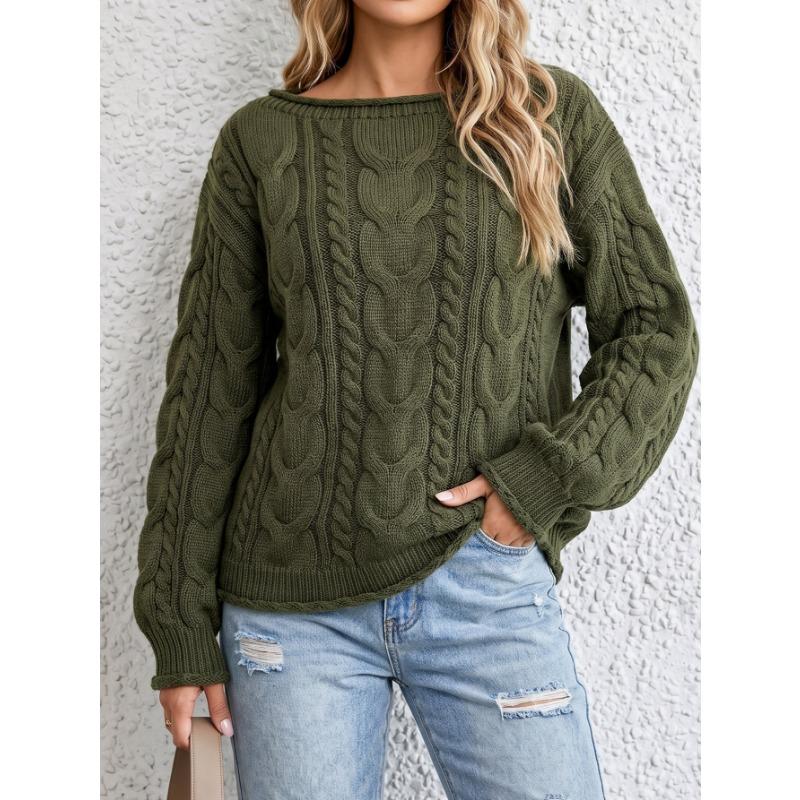 Women Casual Loose Off Shoulder Long Sleeve Cable Knit Pullover Sweater