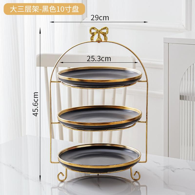 Golden Edged Double-layer Ceramic Tray, Cake Rack, Snack, Fruit Tray, Afternoon Tea Dessert Display Stand, Metal Bow Bracket