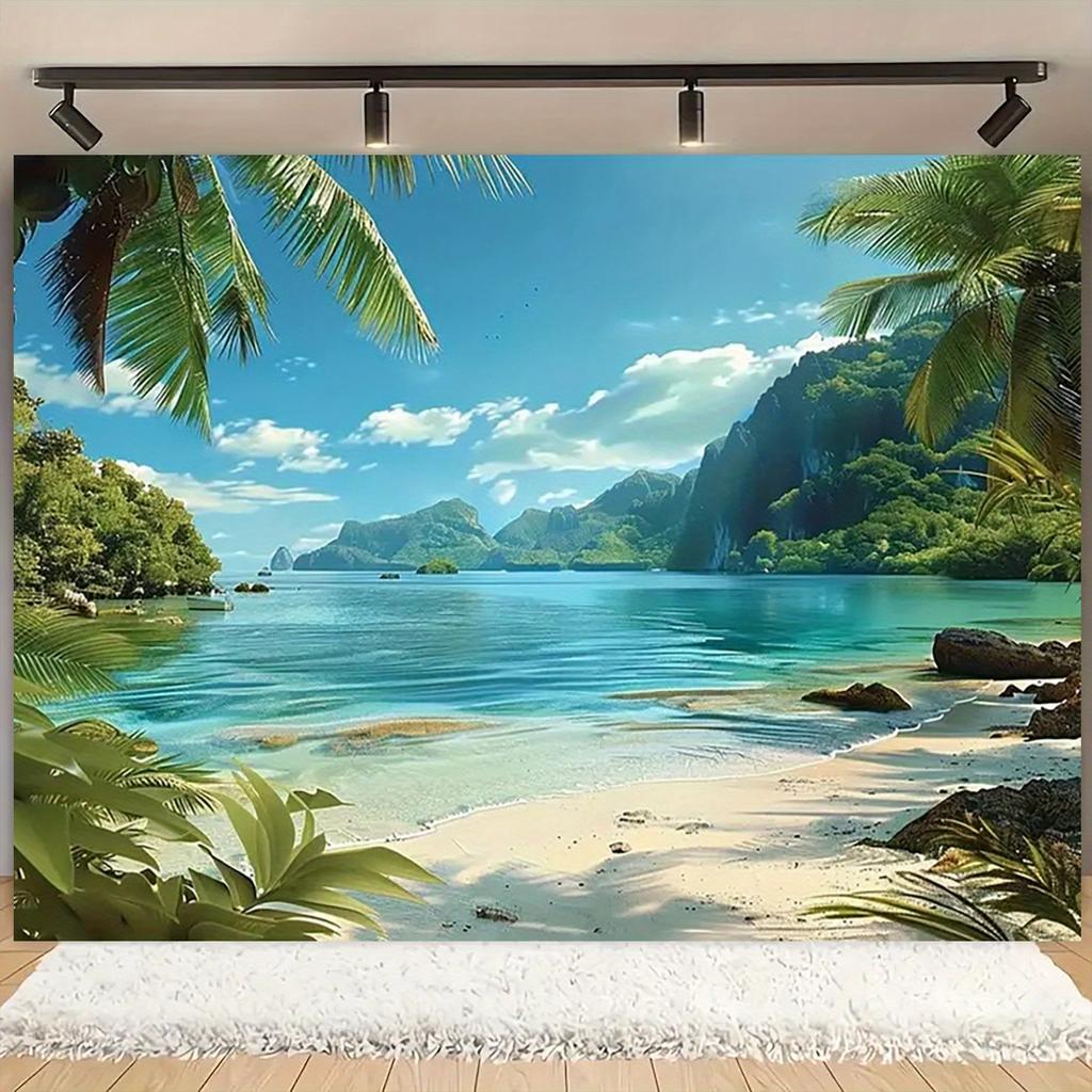 2D plane, tropical beach background fabric, with palm trees, outdoor party and event decorations, polyester fiber