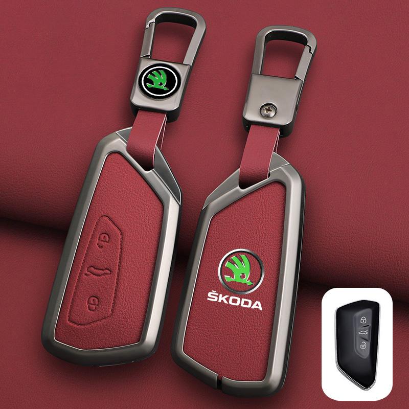 XOWS7 Zinc Alloy Leather Car Remote Key Case Cover Protector Shell Fob For Skoda Superb A7 Kodiaq Octavia A7 A8 Keychain Accessories