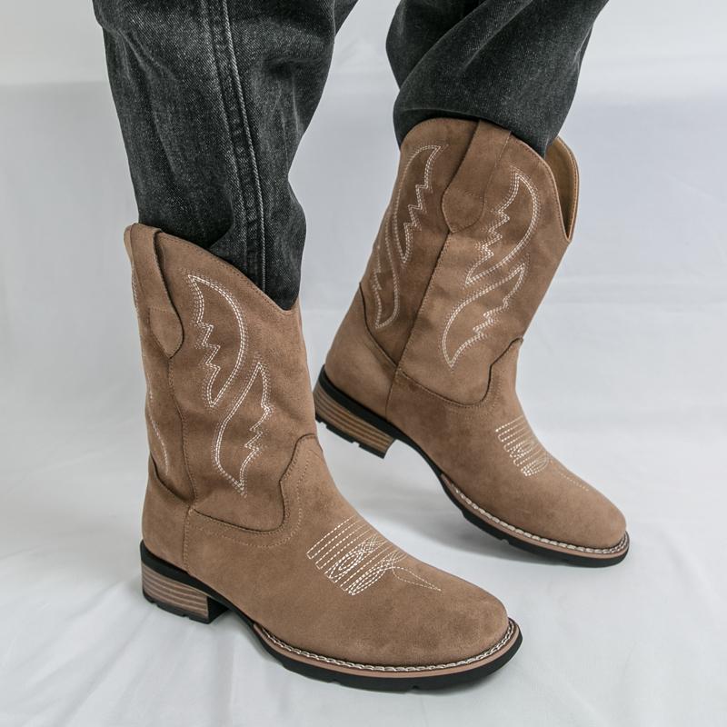 Neue Western Herren Cowboy Stiefel Vintage Mittelhohe Motorradstiefel Mode Wildleder Herren Stiefel Outdoor Freizeit Reitstiefel