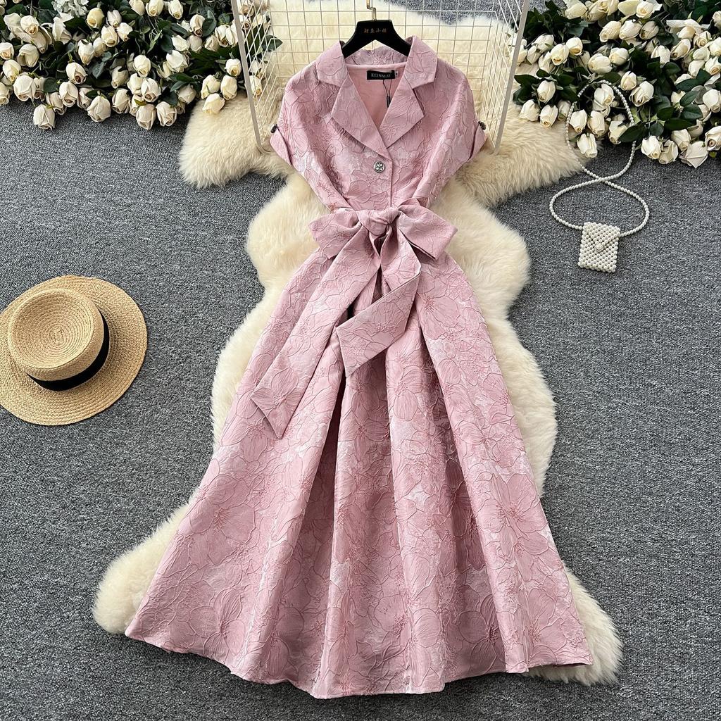 High-end exquisite dress dress women's summer strap waist lapel short sleeve jacquard pendulum elegant long dress