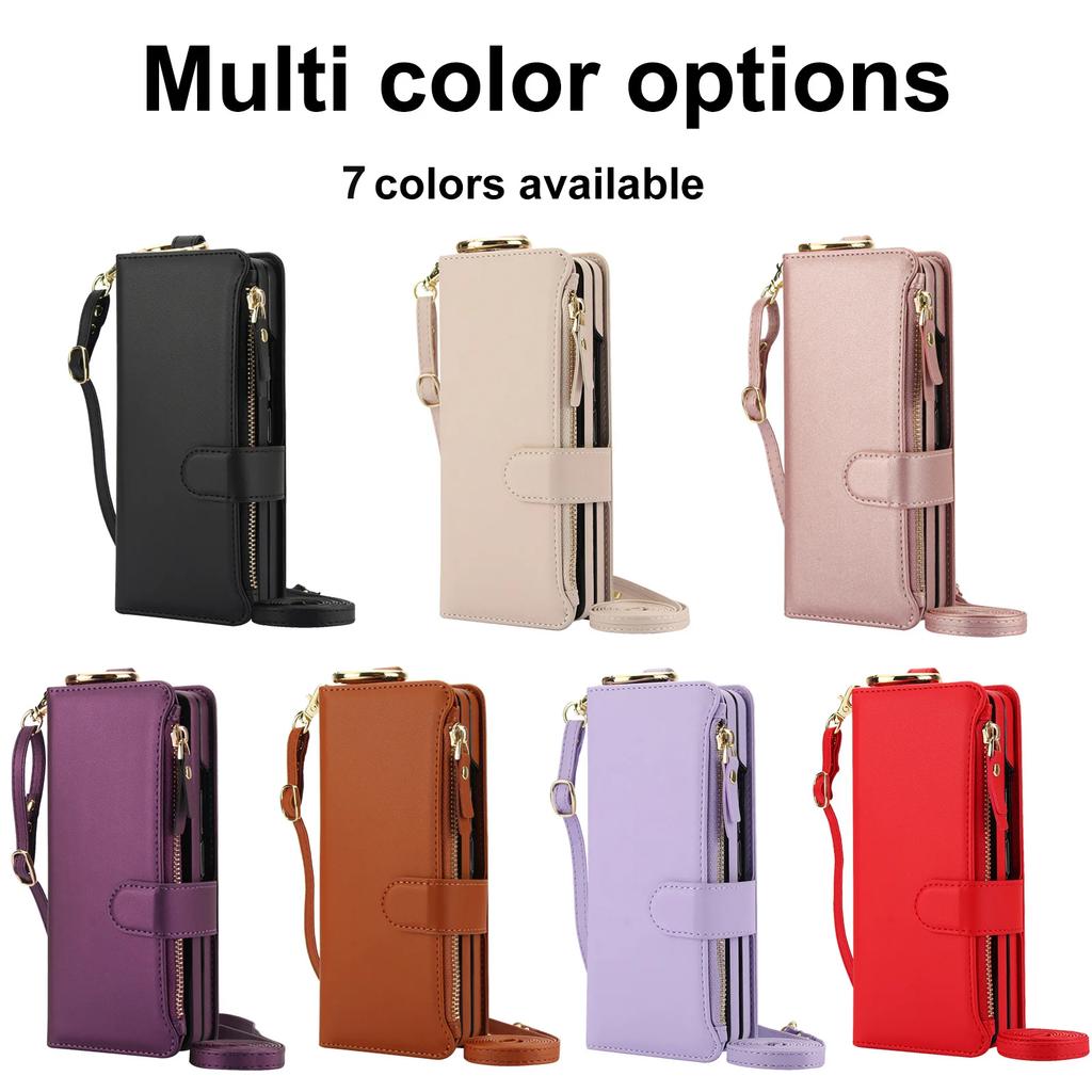 Crossbody Leather Phone Case with Card Holder Zipper Wallet Wristband for Samsung Galaxy Z Fold 7 6 5 4 3 Kickstand Cover