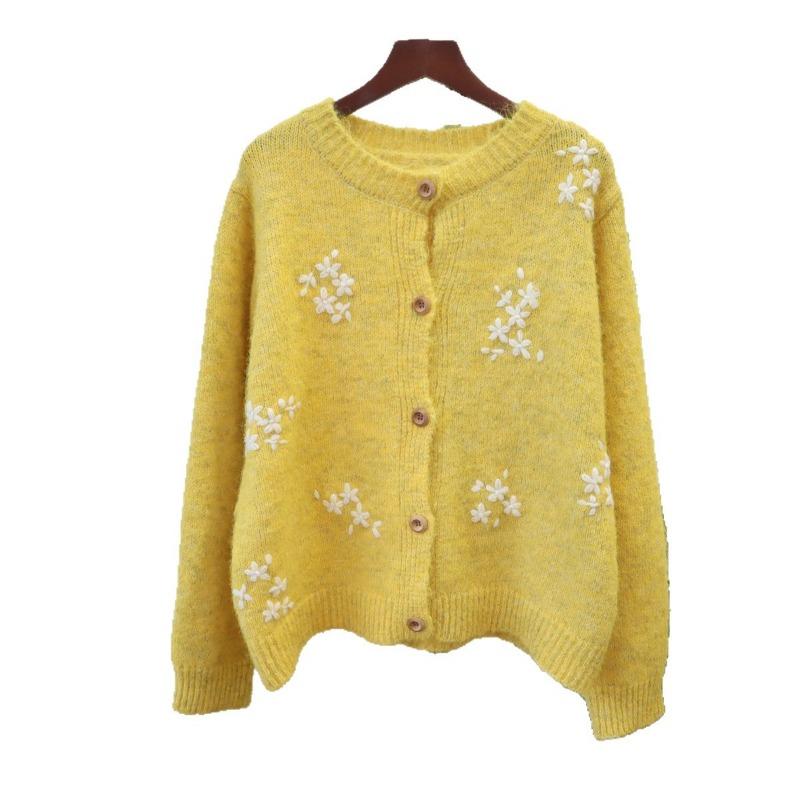 Crew Neck Loose Embroidered Knitted Cardigan Autumn and Winter New Soft Waxy Sweet Gentle Wind Sweater Jacket Women