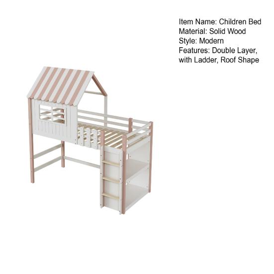 Loft Bed Children 90x200cm High And Low for Boys Girls Home Roof Shape Bunk with Safety Ladder Storage Compartment Multifunctional Solid Wood Slatted