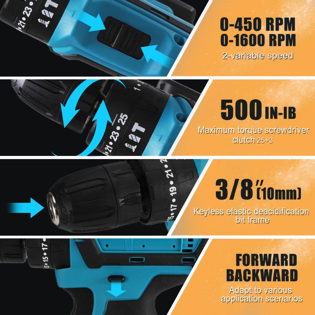 Powerful Robust Motor Impact Drill Set 21V Cordless 3 Variable Speed Settings HIGH PERFORMANCE