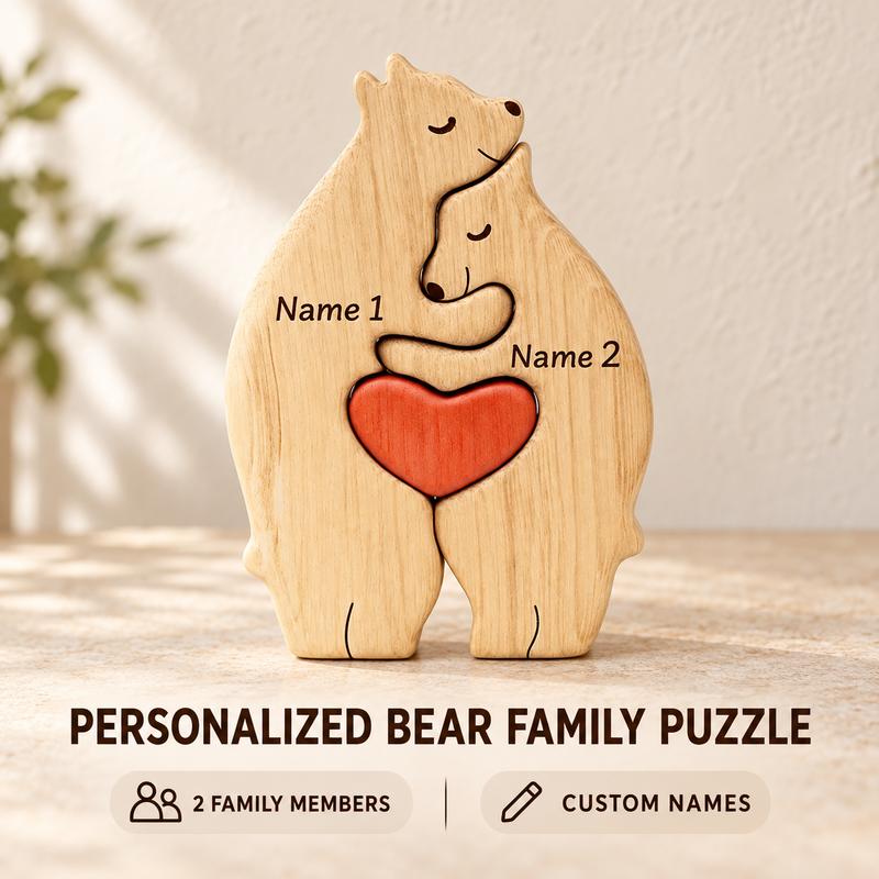 Houten Beer Familie Puzzel Ornament met Rood Hart, In elkaar grijpende Dierfiguur voor Plank Decoratie, Kerst- en Familiegiften