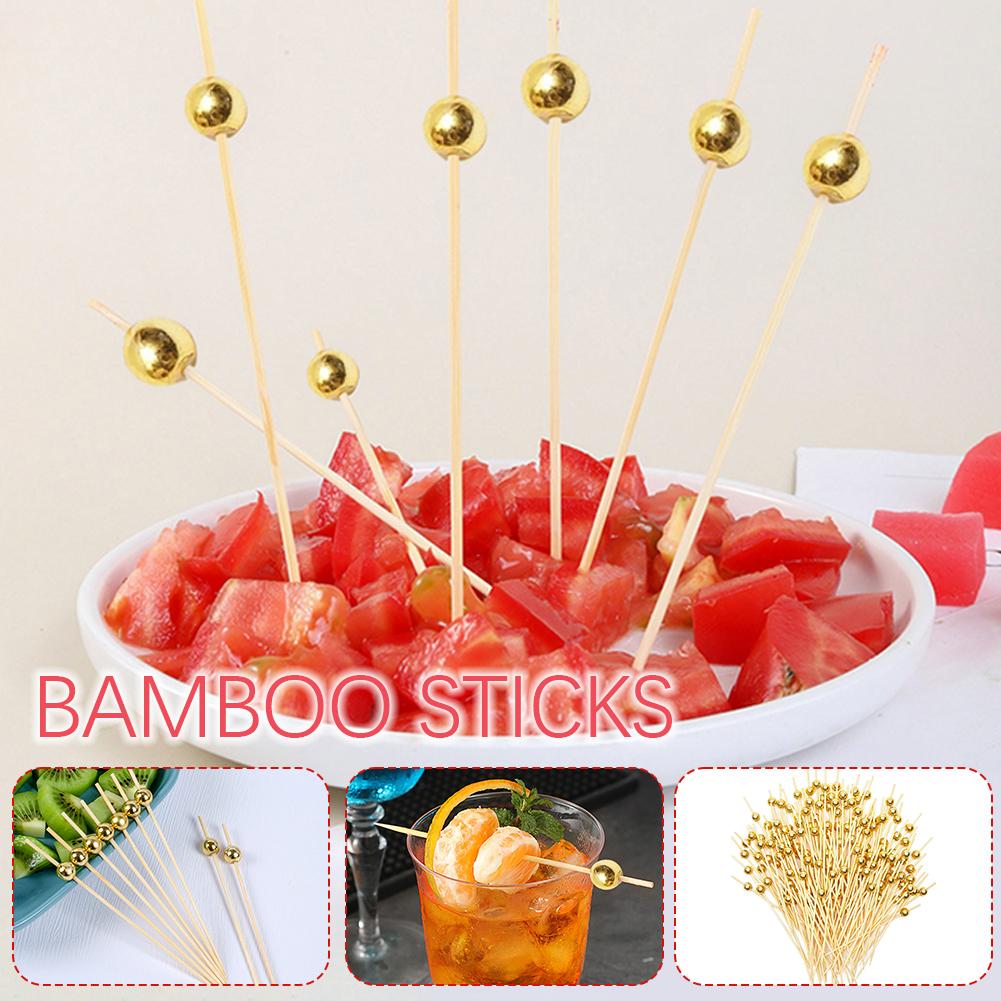 100/25Pcs Gold Pearl Cocktail Picks Food Fruit Picks Wedding Party Disposable Cake Dessert Cocktail Sticks Buffet Toothpick