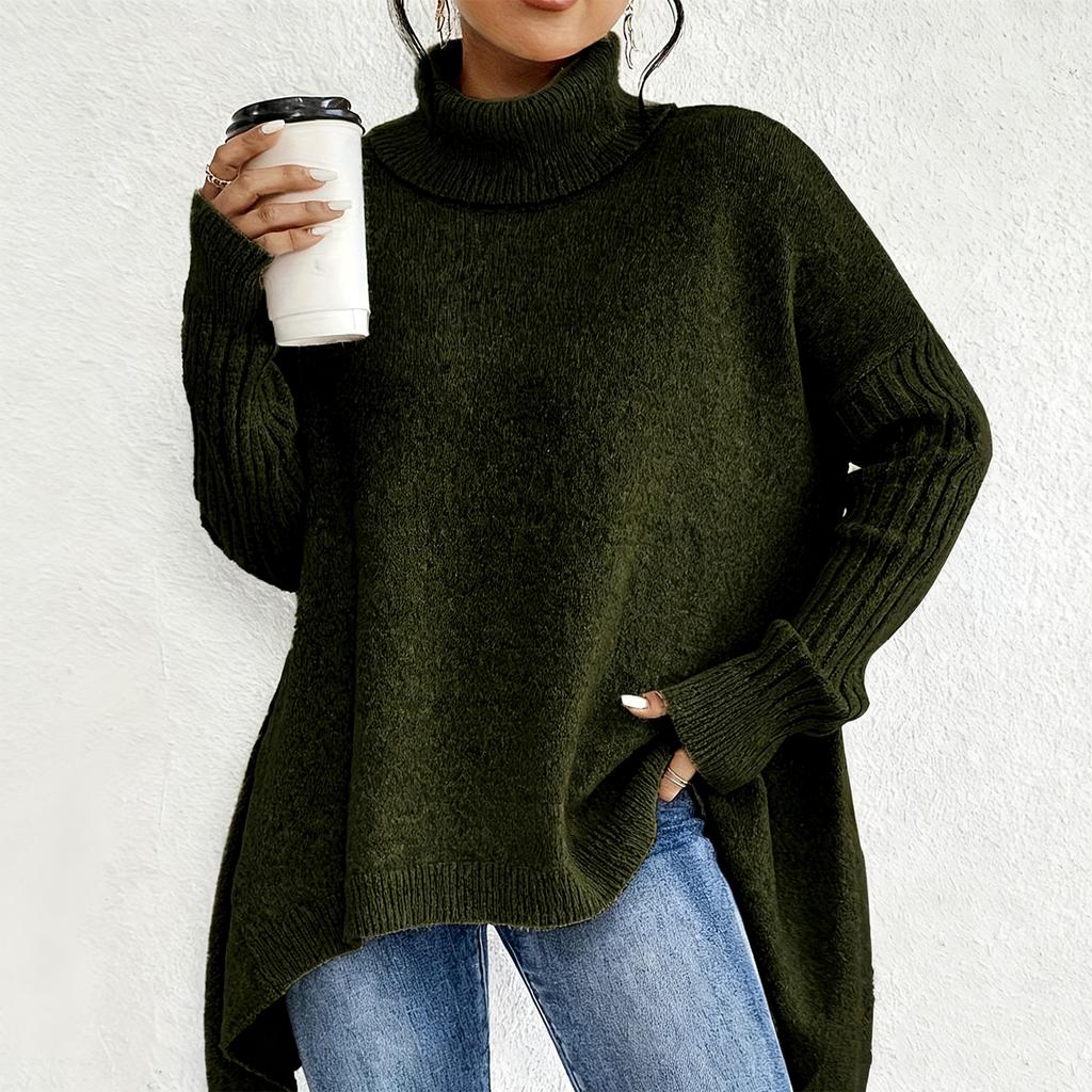 Dámský pohodlný volný módní ležérní svetr pulovr s vysokým krkem a spuštěnými rameny, silný úplet