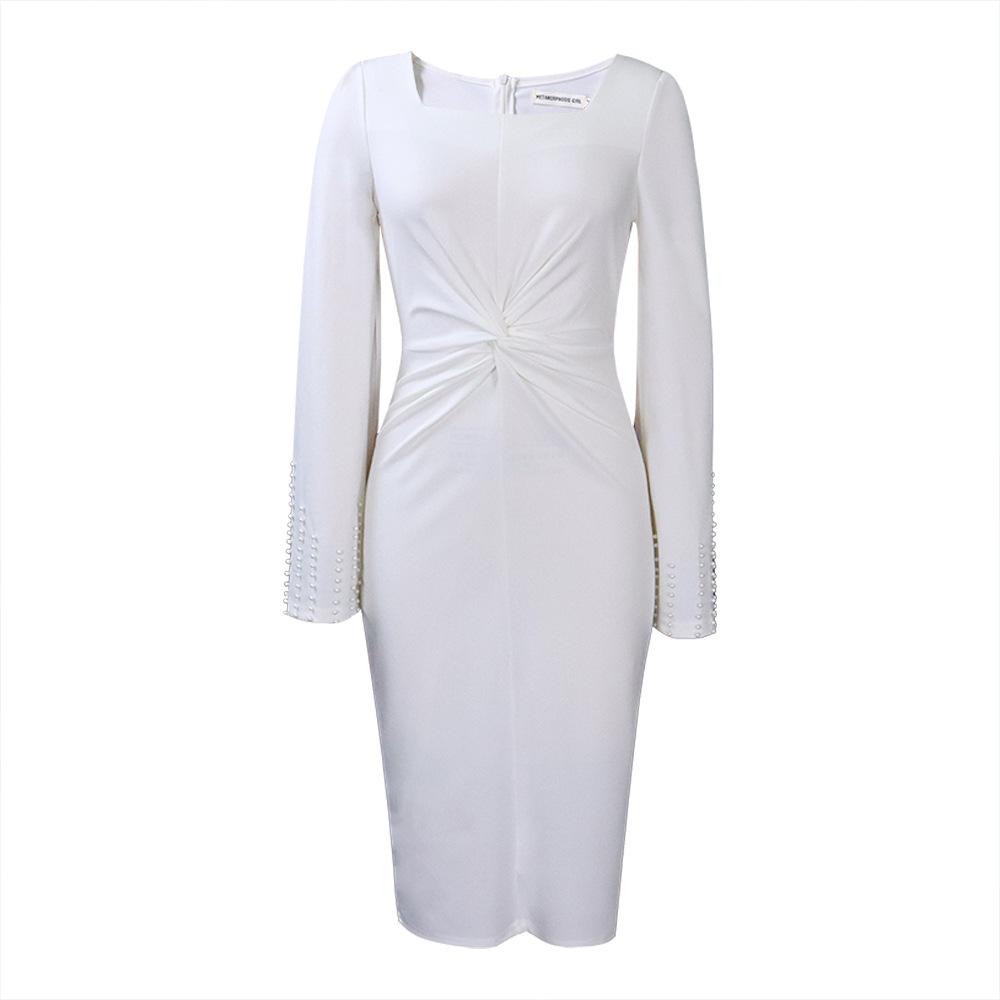 

Женское платье большого размера на весну и осень с разрезом и длинными рукавами, квадратным воротником, женская мода, цельное однотонное платье-футляр с бисером S белый