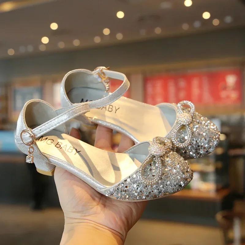 Girls High Heels for Kids Party Wedding Evening Dress Shoes Fashion Bow Diamond Crystal Shoes Princess Stockings Girl Sandals