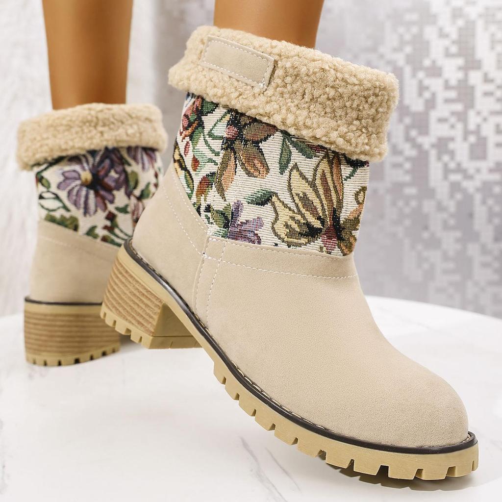 Women's Plus Size Floral Suede Snow Boots Casual Middle Tube Waterproof Platform Thick Heel Fleece Fur Anti Slip Cotton Boot Shoes 35-43
