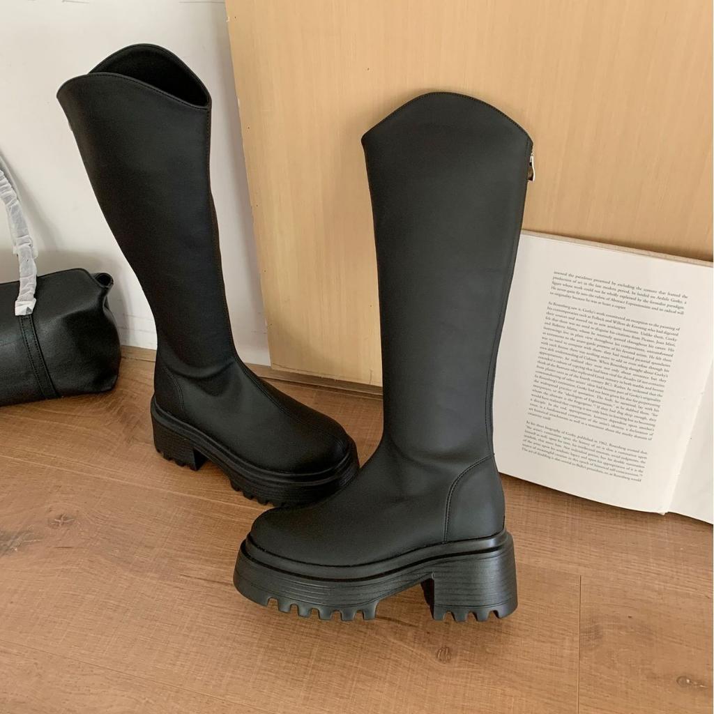 2025 Autumn New Round Head Tall Tube Thin After Zipper Fashion Muffin 10cm Female Martin Knight Boots