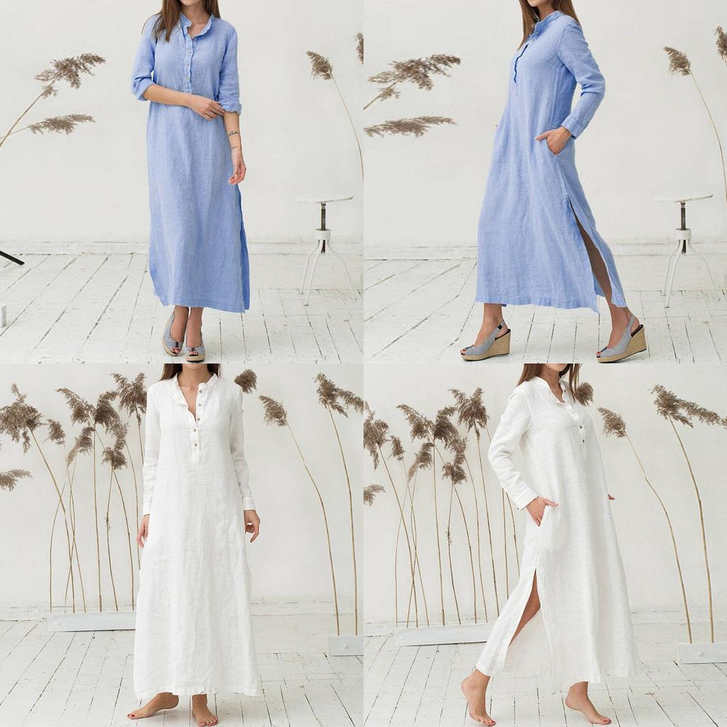 Luxusní dámský kaftan Bavlna Dlouhý rukáv Jednobarevný Ležérní Oversized Maxi košilové šaty