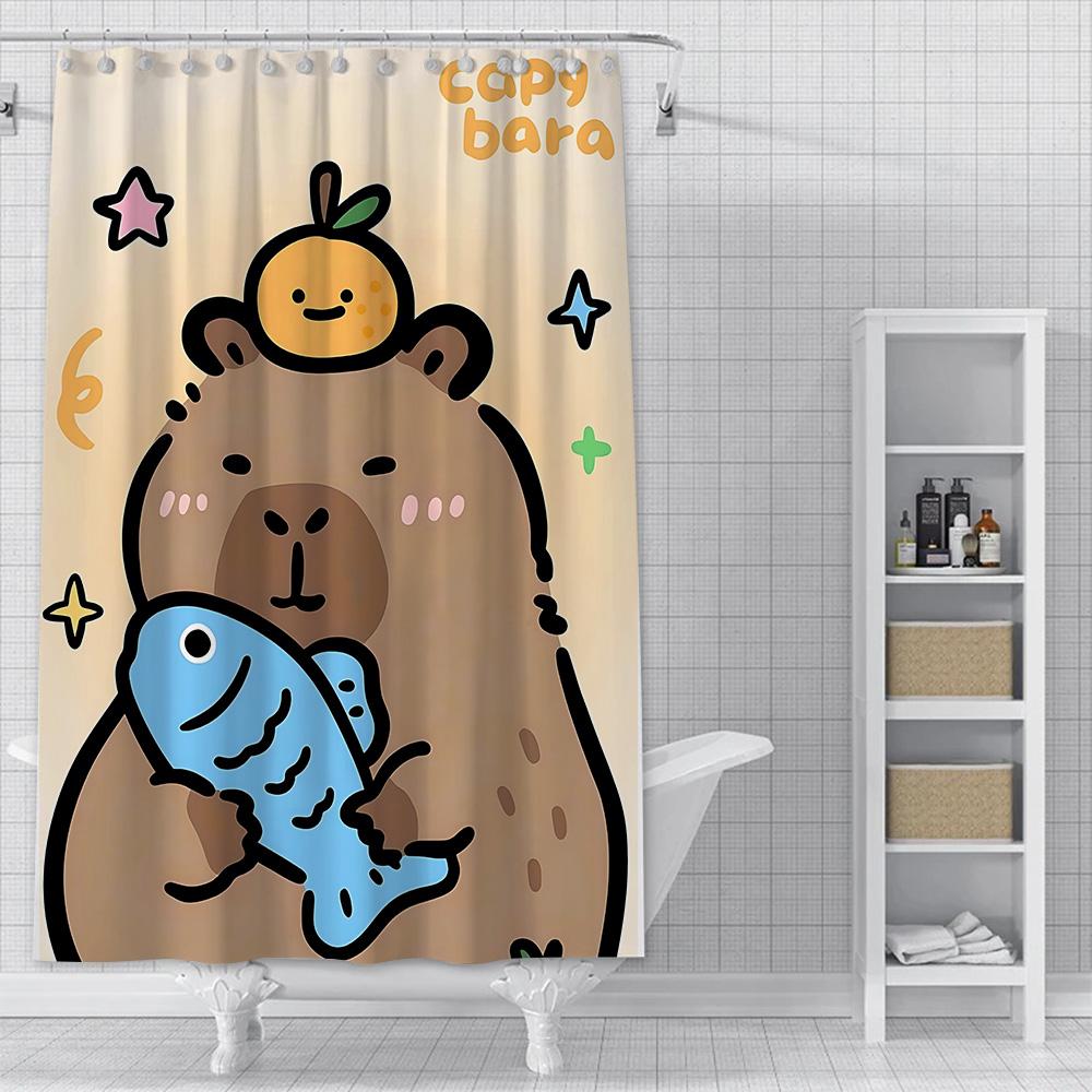 Wodoodporna zasłona prysznicowa z poliestru z farbą, kolorowe zasłony łazienkowe, kawaii kapibary, dekoracja domu i łazienki z haczykiem