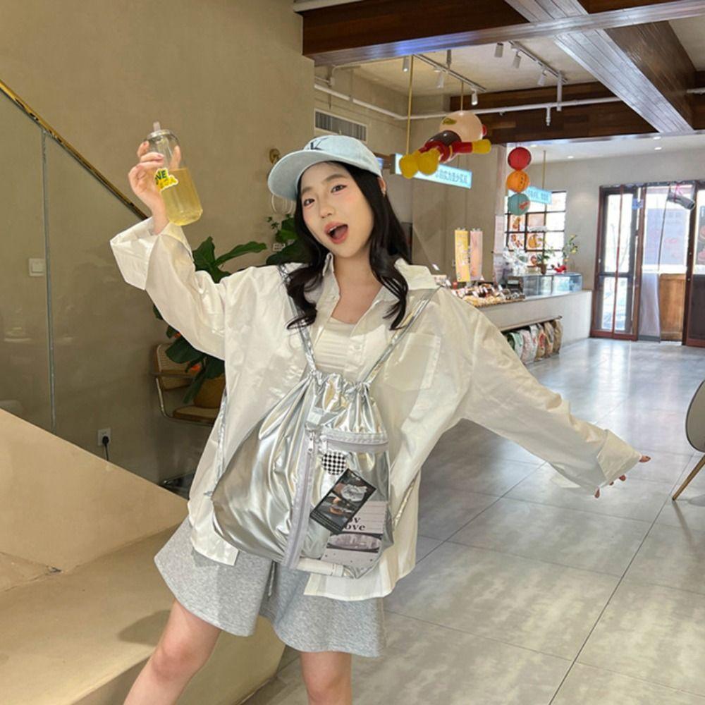 Transparent Pocket Korean Style Itabag Silver PU Shoulder Bag Portable Drawstring  Backpack  Women