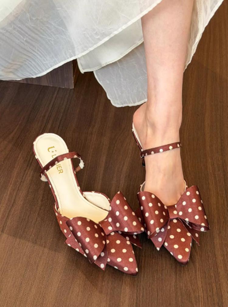 French Polka Dot Not Tired Feet High Heels Women 2026 New Bow One Strap Back Empty Wrapped Head Sandals
