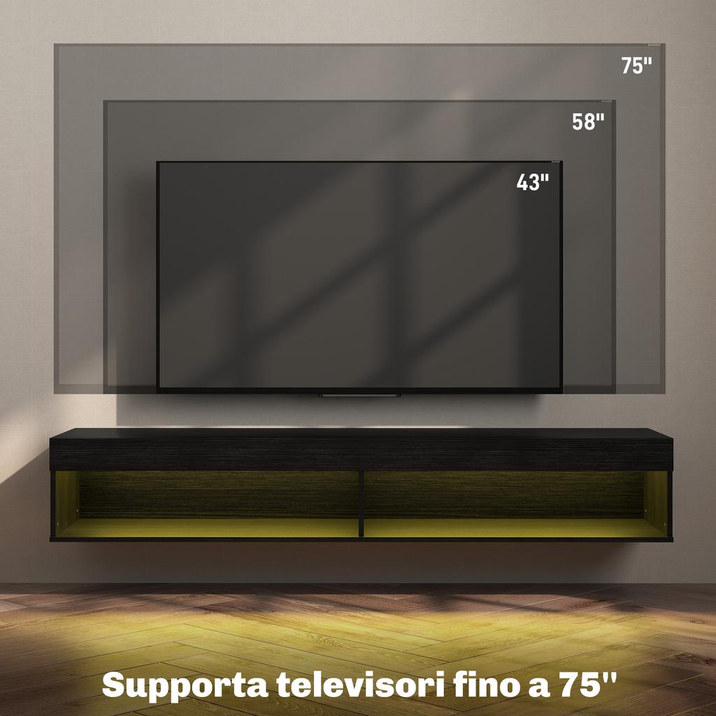 Wall-Mounted TV Cabinet up to 75" with 16-Colour LED Lights and Remote Control, 180x40x30cm, Black