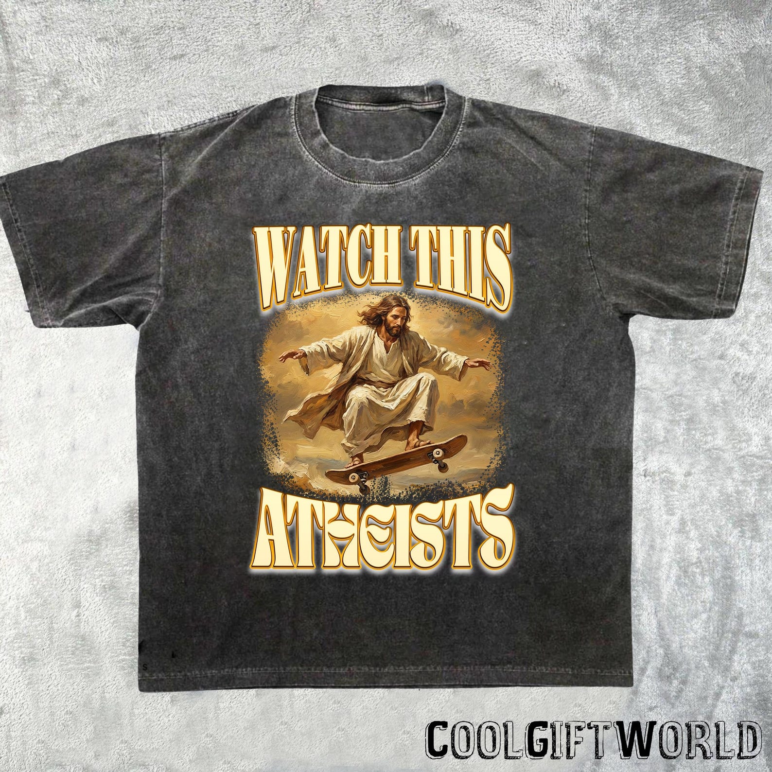 Watch This Atheists Vintage Graphic T-Shirt, Retro Jesus Skateboarding Meme Shirt XL