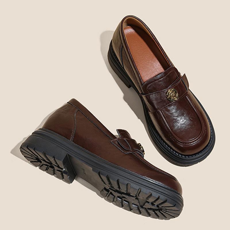 

2024 autumn and winter British style retro camellia small man inner height increase thick-soled thick heel one pedal loafers women 39