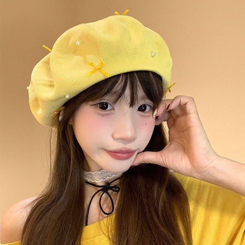 Women s Hat Sweet Bowknot Yellow Beret - Women s Summer Lightweight Hollow-out Breathable Painter Hat