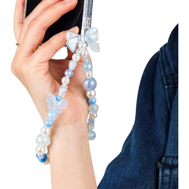 LUVI Beaded Phone Charm Lanyard Wrist Strap Love Heart Bow Beads Butterfly Chain Flower String Pearl Bling Bracelet Keychain Cute Fashion for Women