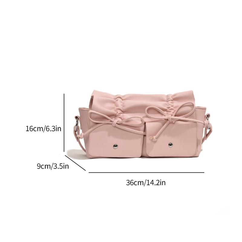 Womens Aesthetic PU Leather Underarm Bag Pleated Sweet Bowknot Shoulder Crossbody Bag Adjustable Armpit Handbag Purse