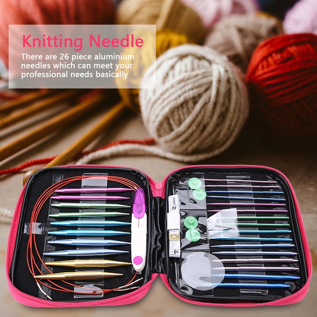 26Pcs Interchangeable Aluminium Knitting Needle with 4Pcs Circular Plastic Wires Set