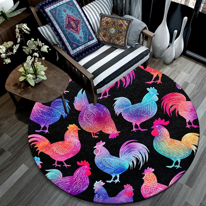 Watercolor Rooster Round Area Rug,Carpet Rug for Living Room Bedroom Sofa Playroom Decor,Non-slip Floor Mat