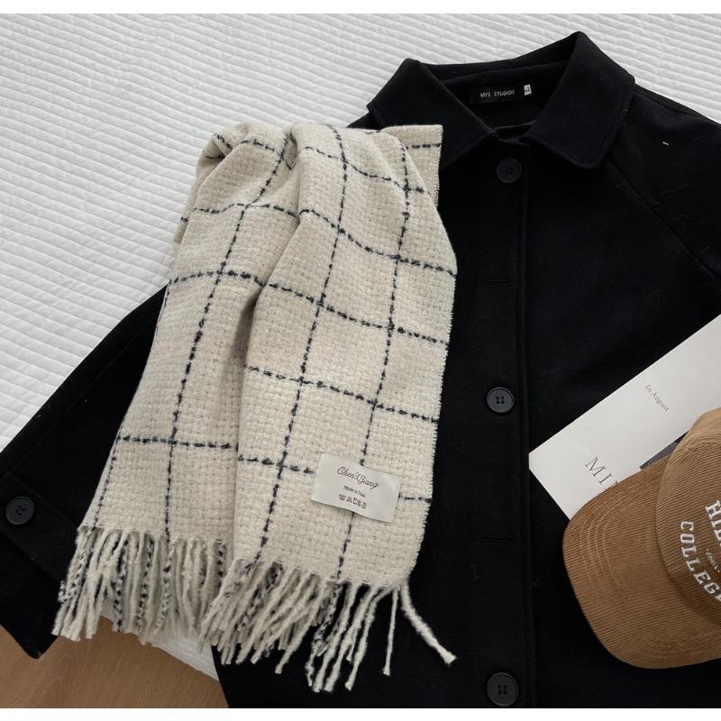 Plaid Imitation Cashmere Scarf for Women Winter New High End Versatile Shawl Student Warm Scarf White